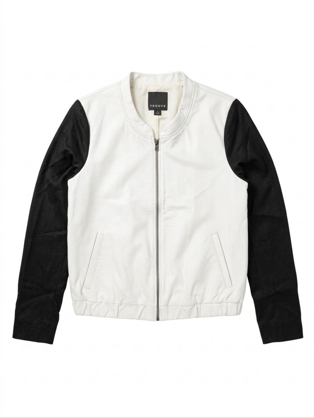 Msrp $350. Nordstrom Trouvé White Leather & Black Silk Bomber Jacket. Like New.
